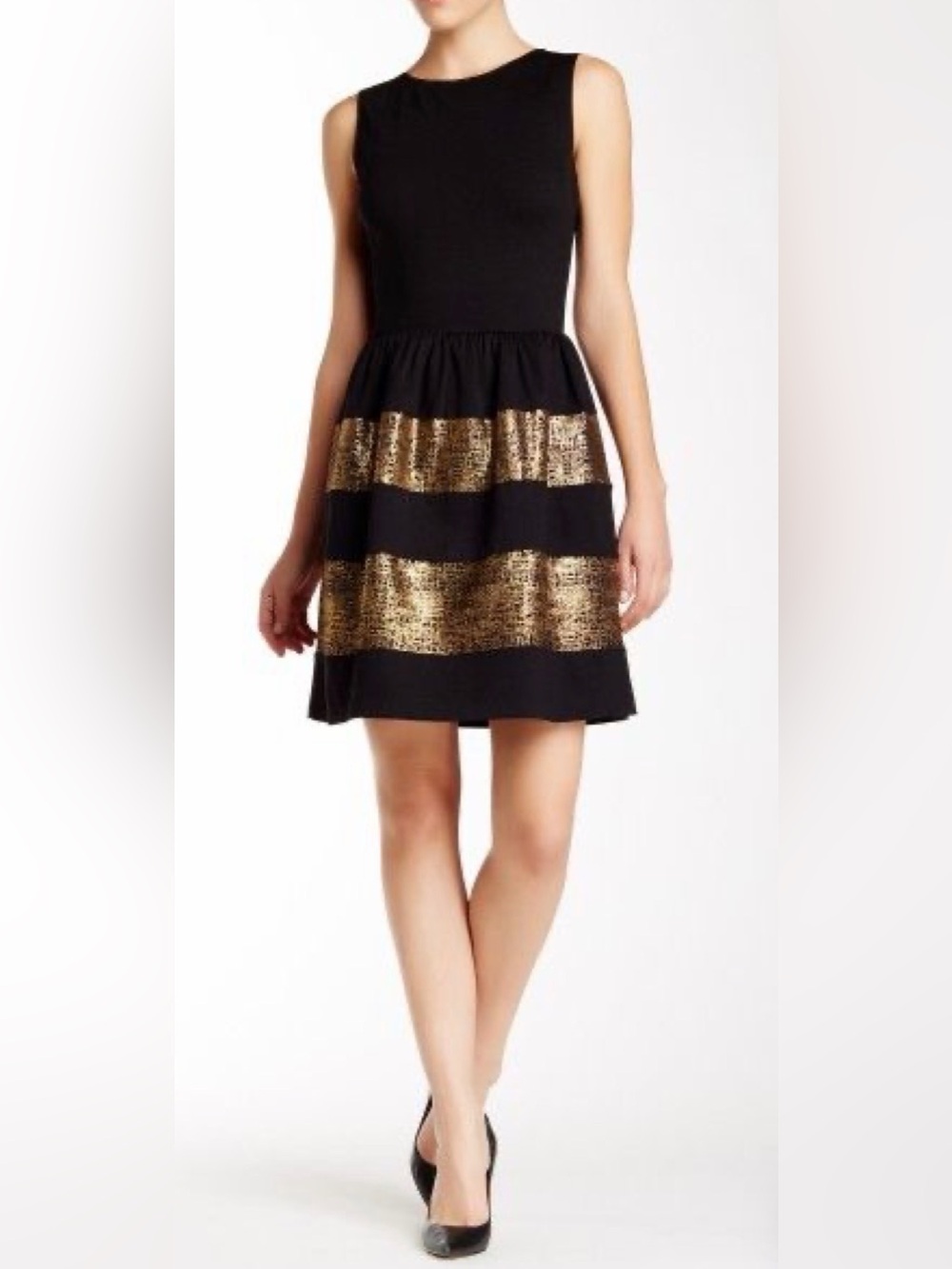 Bar III Black and Metallic Gold Striped Sleeveless Glam Party Dress Size Medium